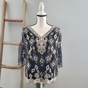Ultra Pink Black Cream Boho Sheer Flowy Floral Shirt Size M